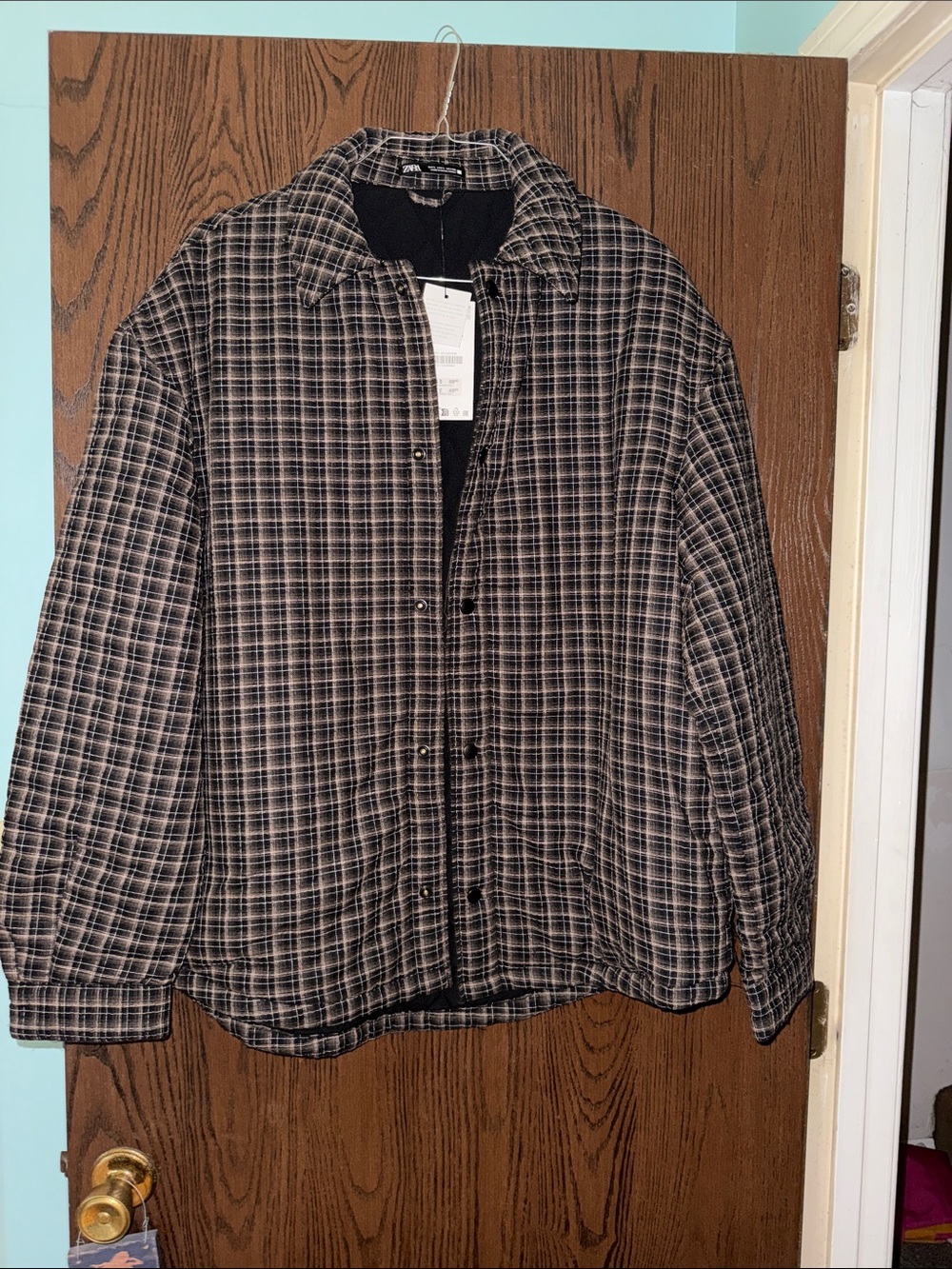 Zara Plaid Quilted Shirt Jacket in Black and Tan